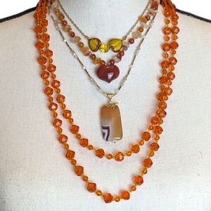 Vintage Necklace Beaded Orange Tone Lot of 4 Mix Match Layer